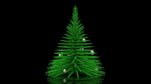 Animazione illustrazione 3D. Albero di Natale decorato con zoom e rotazione..