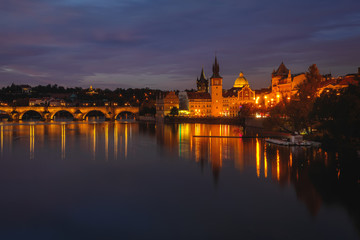 Fototapeta na wymiar Night lights reflections in old town Prague, Czech Republic