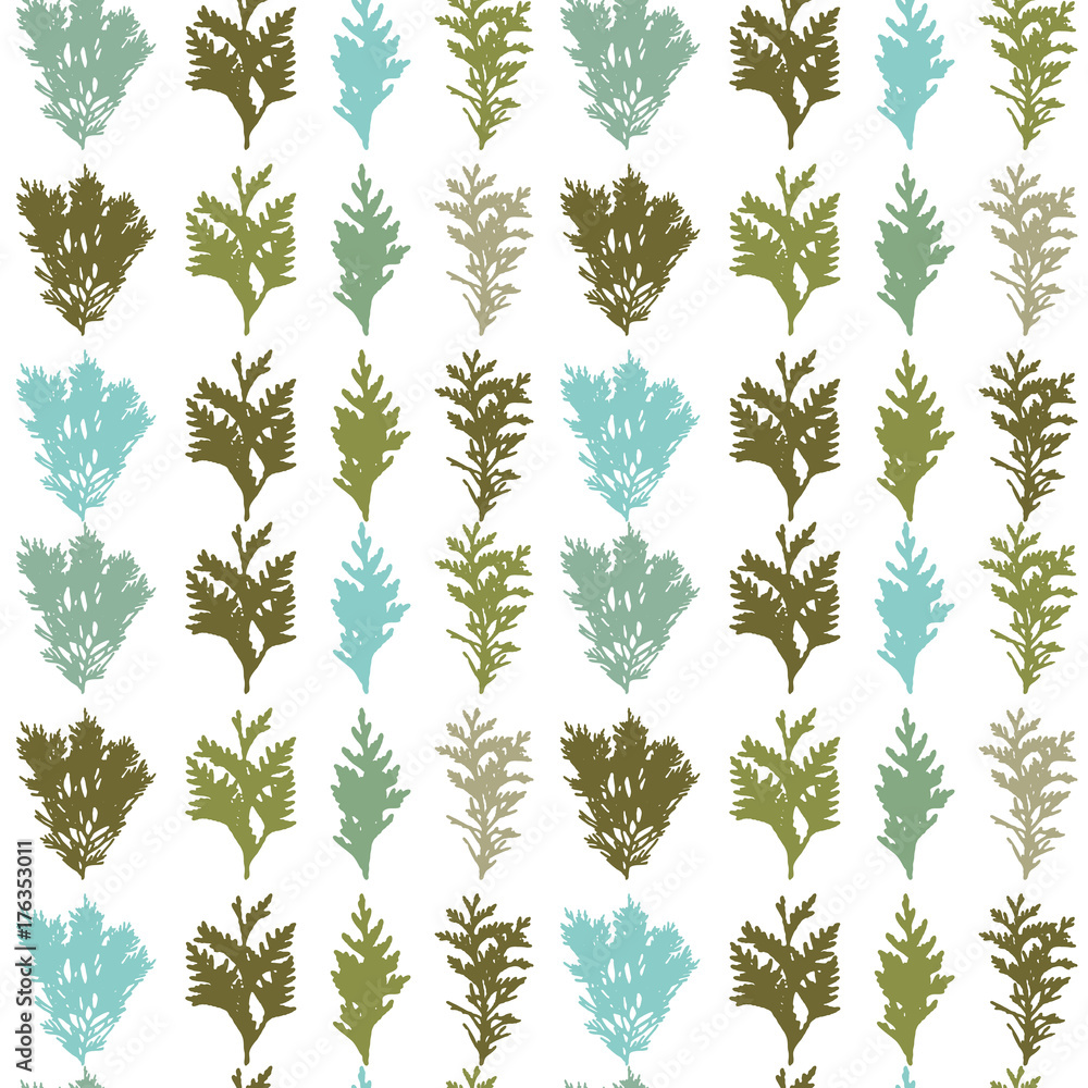 Poster floral vector seamless pattern with evergreen fur or pine tree twigs and branches on white backgroun
