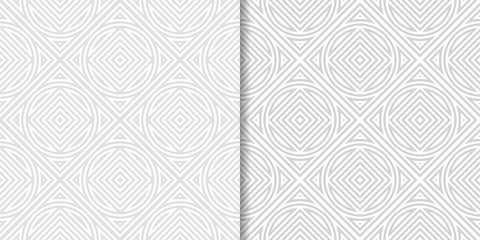 Light gray geometric prints. Set of seamless patterns for web, textile and wallpapers