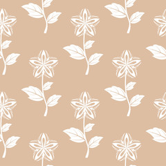 White floral ornament on beige background. Seamless pattern for textile and wallpapers