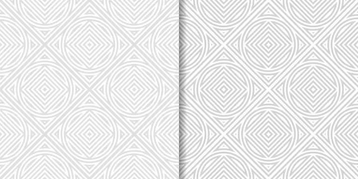 Light gray geometric prints. Set of seamless patterns for web, textile and wallpapers