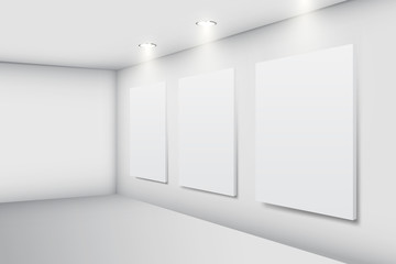 Realistic white gallery interior with empty picture frames, vector illustration