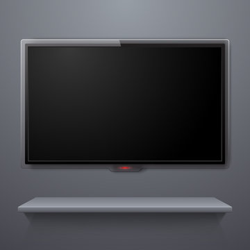 Realistic tv screen and bookshelf on the wall, vector illustration
