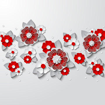 Floral Background With 3d Red And White Flowers Cut Out  Paper Isolated On White. Vector Illustration