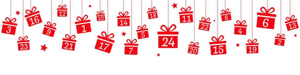 Advent calendar with hanging red gifts
