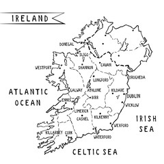 Ireland hand drawn map vector illustration with main cities including Dublin. Ink freehand image of irish territory surrounded by ocean an sees. Template for tourist guides, postcards and merchandise.