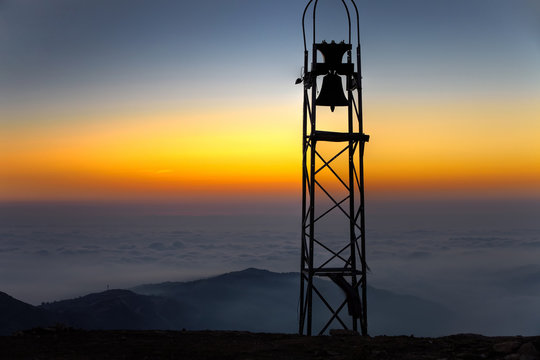 View to the bell located on the top of Mount Lebanon above Faraya village and Mazaar ski resort at sunset.