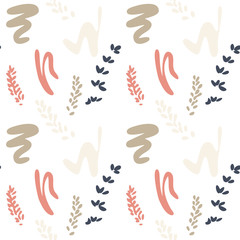 Stylized flowers and paint brush strokes pattern. Vector seamless background with abstract floral shapes in pastel colors on white backdrop.