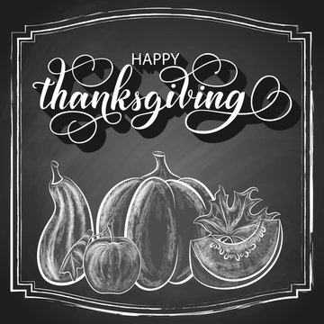 Hay thanksgiving chalk hand lettering, custom calligraphy with maple leaves and pumpkins harvest on black chalkboard background. Vector festive holiday vintage illustration.