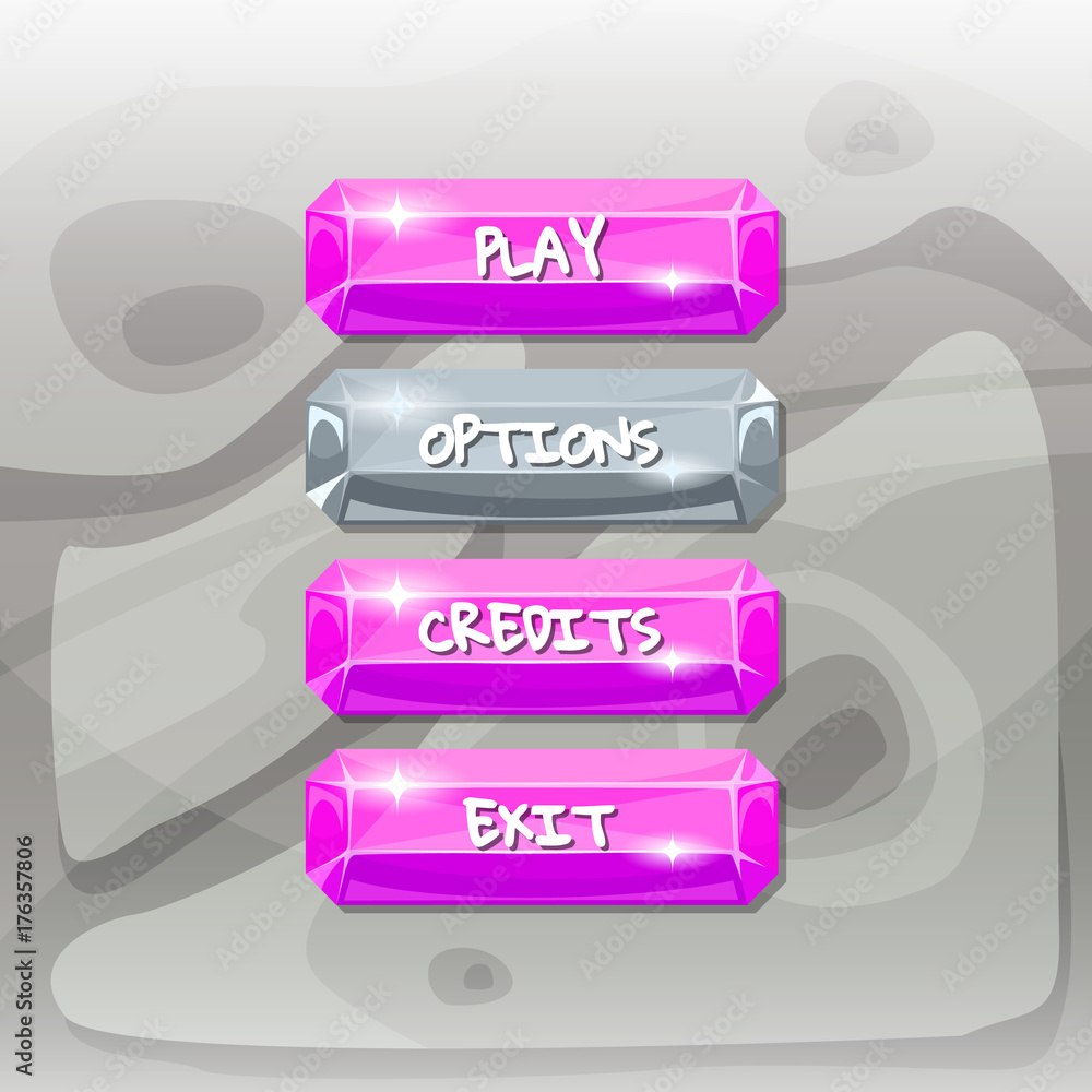 Poster vector cartoon style gemstone buttons with text for game