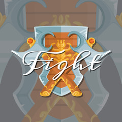 Vector fantasy cartoon style game design medieval crossed axes and shield