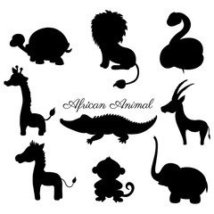 African cartoon animal turtle, giraffe, lion, zebra, crocodile, gazelle, zebra, monkey, elephant, snake isolated on white, Vector doodle illustration black silhouette, Character mascot design for logo