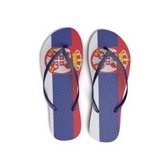Serbia flag flip flop sandals on a white background. 3D Rendering