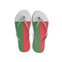 Madagascar flag flip flop sandals on a white background. 3D Rendering