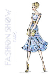 Fashion show in Paris advertising card with young beautiful sexy woman sketch style vector illustration