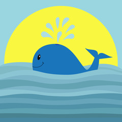 Whale with water fountain. Sea ocean wave. Sunset. Cute cartoon character with eyes, tail, fin. Smiling face. Kids baby animal collection. Flat design Blue background Isolated.