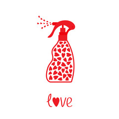 Love card. Spray bottle dispenser. Tube of cream with hearts inside. Body lotion shampoo gel. Heart drop. Red line art packaging. Valentines day Isolated. White background. Flat design