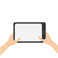 Two hands holding genering tablet PC gadget. Male female teen hand and black Tab with blank screen. Empty space template for text. Flat design. White background. Isolated.