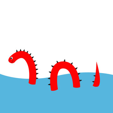 Water monster with thorns, eye, tail Swimming floating Sea ocean. Snake shape. Loch Ness Nessy fictional creature. Funny Cute cartoon character. Baby collection. Flat design. White background.