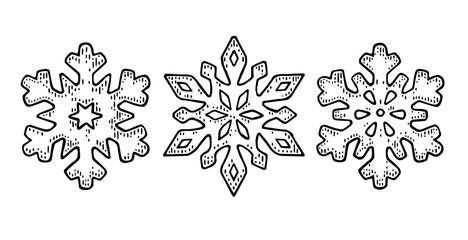 Set Snowflakes. Vector vintage black engraving illustration.