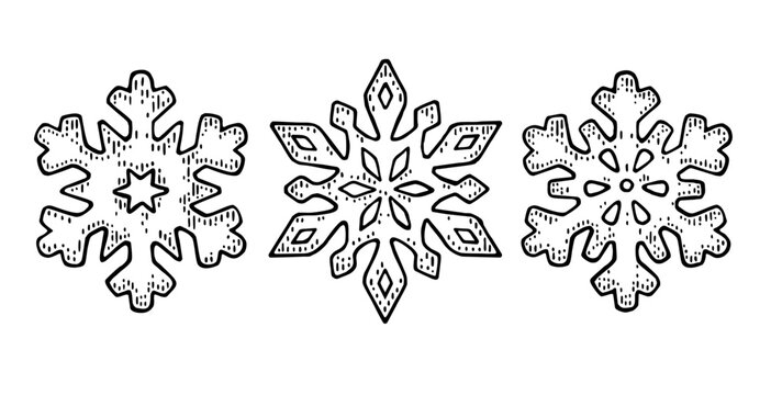 Set Snowflakes. Vector vintage black engraving illustration.