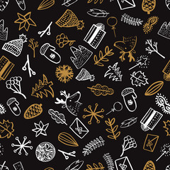 Christmas seamless pattern, hand drawn style doodle elements. Vector illustration. Sketch art for holiday paper design and web pages wallpapers. Luxury black background. White and golden graphic