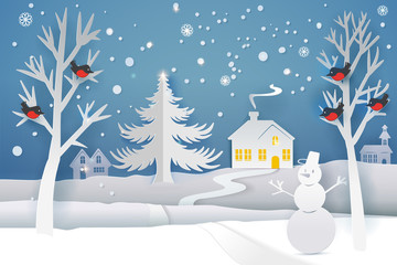 Obraz na płótnie Canvas Paper cut and craft winter landscape with evergreen tree, house, snowman, moon and snowflakes. Holiday nature and christmas tree. Web banner. Vector illustration. Merry Xmas. Outdoor design
