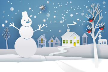 Paper cut and craft winter landscape with evergreen tree, house, snowman, moon and snowflakes. Holiday nature and christmas tree. Web banner. Vector illustration. Merry Xmas. Outdoor design