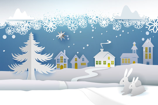 Paper cut and craft winter landscape with evergreen tree, house, snowman, moon and snowflakes. Holiday nature and christmas tree. Web banner. Vector illustration. Merry Xmas. Snowing weather