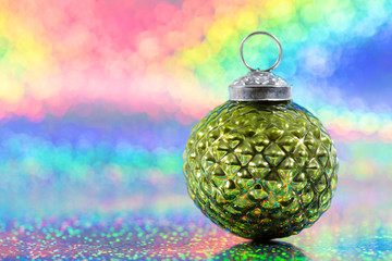 christmas vintage  decoration for christmas tree on rainbow color background with copy space. xmas banner