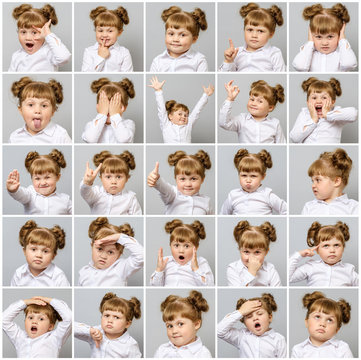 Collage of little cute girl with different emotions and gestures