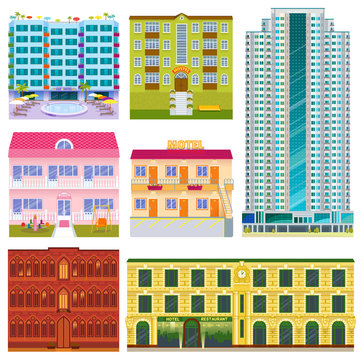 Different buildings hotels facade tourist travelers vacation time apartment urban town vector illustration.