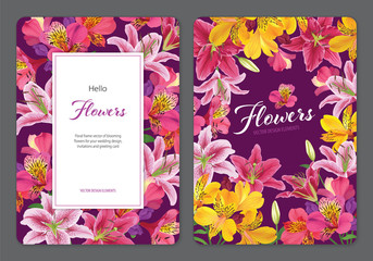 Beautiful pink and yellow alstroemeria lily flowers with lilies on purple background. Vector set of blooming floral for wedding invitations and greeting card design. 
