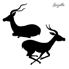 Decorative Gazelle graphic hand drawn vector cartoon doodle animal illustration, running and sitting African safari antelope with curved horns isolated on white background, for mascot design logo