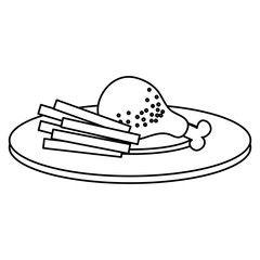 dish with chicken thigh and french fries