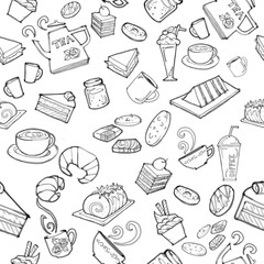 various coffee,cake,cupcake,Sandwich,cookie , appetizer and beverage seamless pattern sketch drawing line vector with white background
