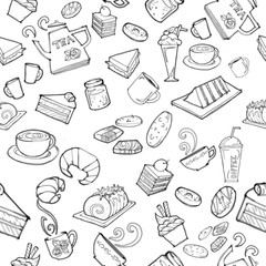 various coffee,cake,cupcake,Sandwich,cookie , appetizer and beverage seamless pattern sketch drawing line vector with white background