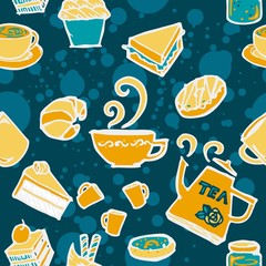 various coffee,cake,cupcake,Sandwich,cookie , appetizer and beverage seamless pattern sketch drawing line vector with yellow blue Themes cooler background