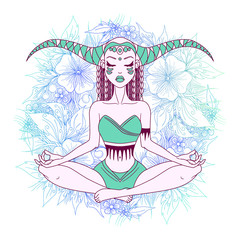 Girl meditating, doing yoga, graphic vector illustration design on floral background