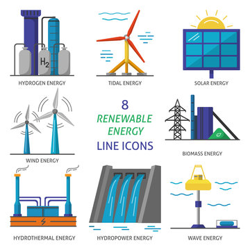 Set of renewable energy flat style icons