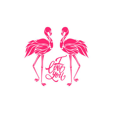 Two pink flamingos in love, logo, decorative silhouette, vector illustration