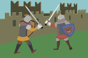 knights fighting near castle wall vector cartoon