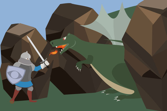 knight fighting the dragon vector cartoon