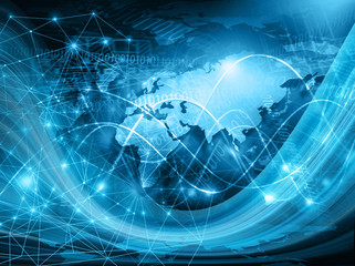 Fototapeta premium World map on a technological background, glowing lines symbols of the Internet, radio, television, mobile and satellite communications.