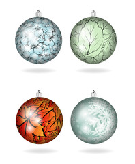 Christmas colorful balls with ornament from flowers, leaves and snowflakes.