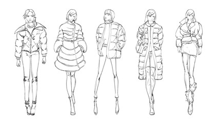 A set of fashionable sketches. Autumn-winter 2018. Fashionable girl on a white background.