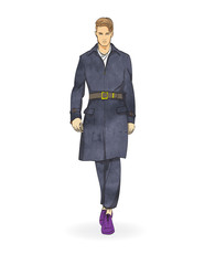 Sketch of a fashionable man in a raincoat, jeans and shoes. Collection autumn-winter of 2018.