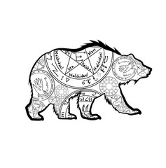 Grizzly bear. Vector illustration, isolated on white background. A totemic animal with abstract occult ornaments. Magical folk tattoo