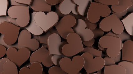 Milk chocolate hearts background. Concept for Valentine’s Day, Women’s Day, and others. 3D Rendering.